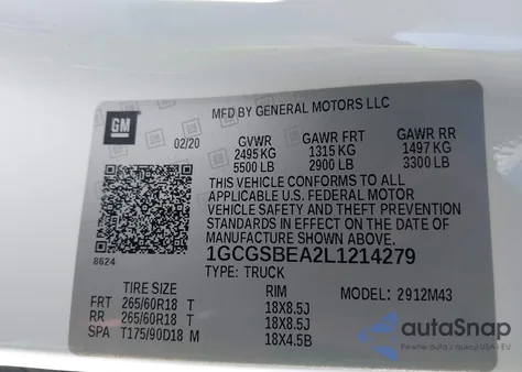 2020 Chevrolet Colorado 2Wd Short Box Wt z USA, uszkodzony, nr VIN 1GCGSBEA2L1214279